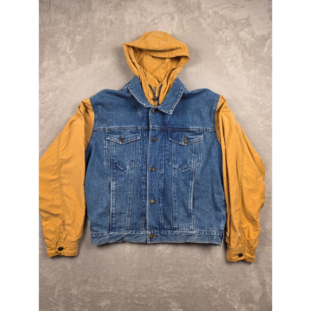 Vintage Dash Denim Jacket Mens Large Blue Yellow Hooded Pockets‎ 90s Coat